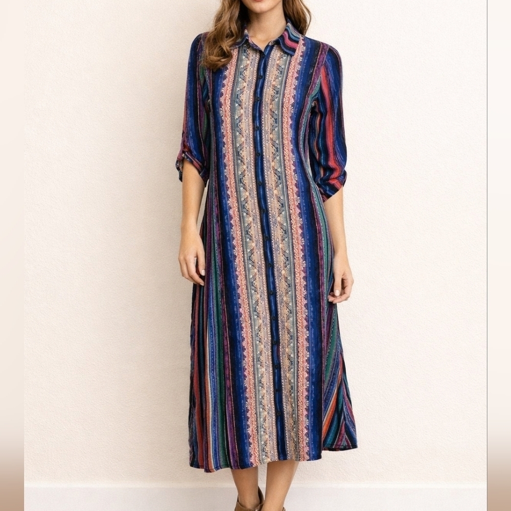 Andree BY UNIT Rainbow Candy Striped Embroidered Boho Duster Dress